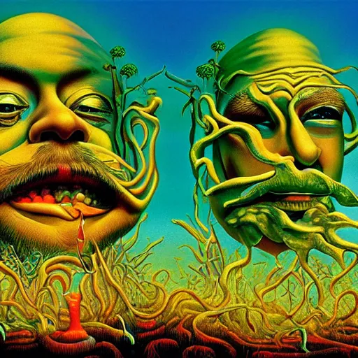 Prompt: color masterpiece surreal closeup portrait photography of cheech and chong by michael cheval, surreal epic psychedelic smoke complex biomorphic 3 d fractal landscape in background by kilian eng and roger dean and salvador dali and beksinski, 4 k,