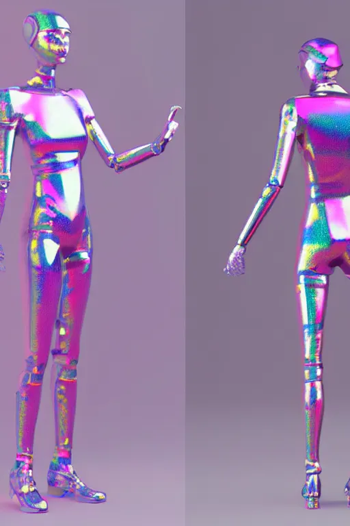 Image similar to 3d render of holographic human robotic made of glossy iridescent, full body robot, full body render, surrealistic 3d illustration of a human non-binary, non binary model, 3d model human, cryengine, made of holographic texture, holographic material, holographic rainbow, concept of cyborg and artificial intelligence