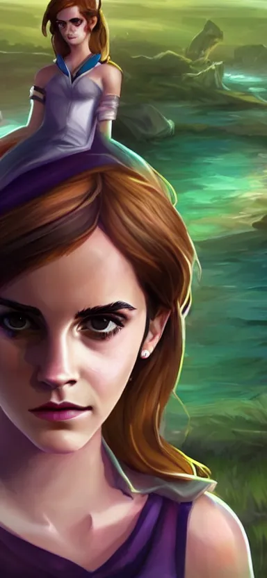 Prompt: Emma Watson as a character in the game League of Legends, with a background based on the game League of Legends, detailed face, old 3d graphics