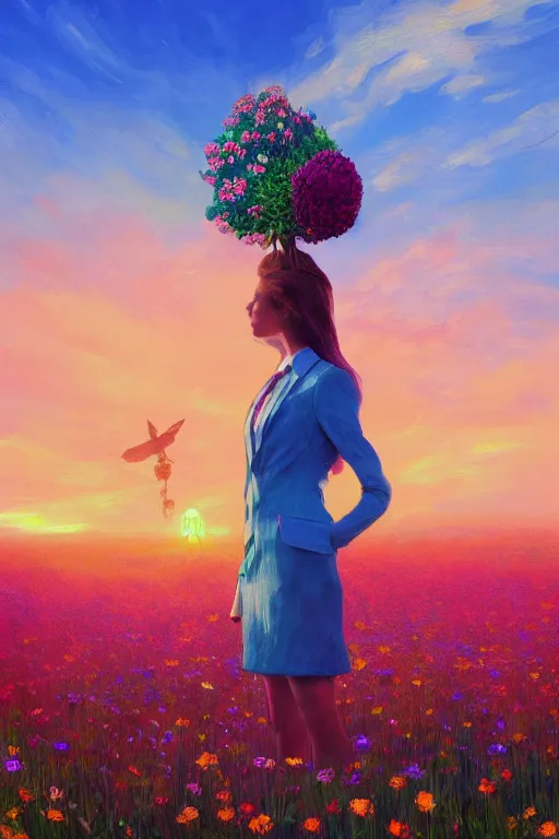 Image similar to closeup, giant flower head, girl in suit standing in a field of flowers, surreal photography, sunrise, blue sky, dramatic light, impressionist painting, digital painting, artstation, simon stalenhag