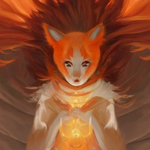 Prompt: japanese fox goddess, d & d, nine tails, orange and white color palette, wearing a hoodie, highly detailed, digital painting, artstation, concept art, sharp focus, illustration, cinematic lighting, art by artgerm and greg rutkowski and alphonse mucha