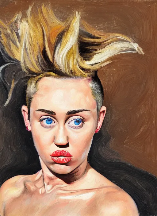 Image similar to Miley Cyrus, painted by Lucian Freud, highly detailed, 8k