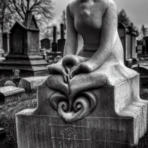 Prompt: ghostly woman sits upon a gravestone in a graveyard in the distance a steeple looms, highly detailed, high resolution, gloomy, graveyard