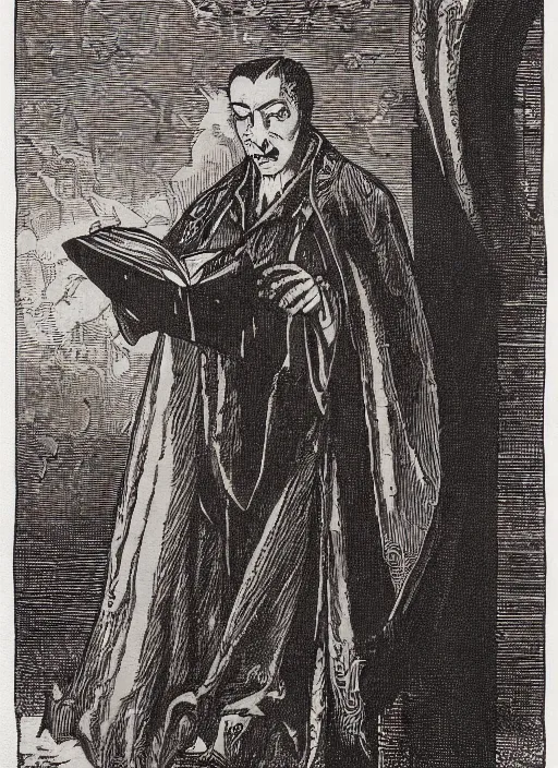 Image similar to dracula reading a book, art by james o barr and albrecht durer, woodblock print, engraved, black and white, vector, vector art