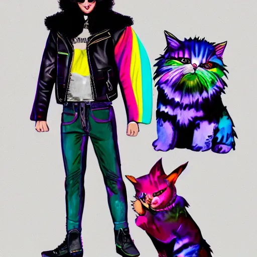 Image similar to wide angle full body, jacket wearing fluffy cute rainbow kitten wearing a black leather motorcycle jacket, cinematic concept art