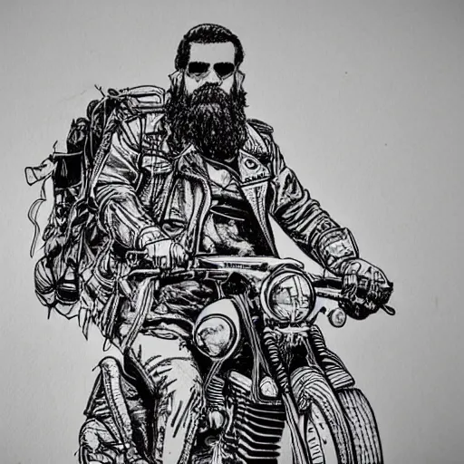 Prompt: bearded biker, intricate ink drawing, highly detailed in the style of Ashley wood