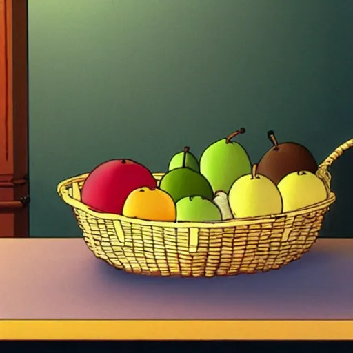 Prompt: a fruit basket on top of a kitchen table, studio ghibli