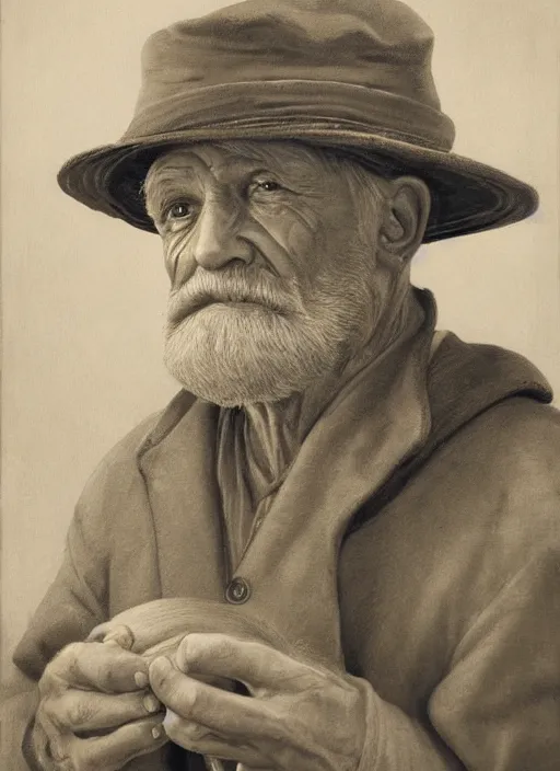 Image similar to realistic renderings of very old fisher man portrait with a hat, port scene background, astonishing scenes, detailed, photorealism