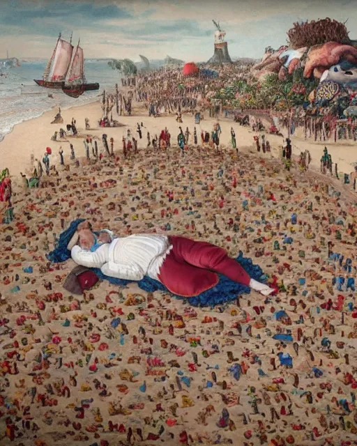 Prompt: the body of gulliver, a young man from the early 1 7 th century, lies unconscious on a lilliputian beach, surrounded by thousands of tiny lilliputians wearing strange clothes. gulliver is dressed in early 1 7 th century male clothing designed in the style of sandy powell. hyperreal and cinematic, trending on artstation, gulliver ’ s travels