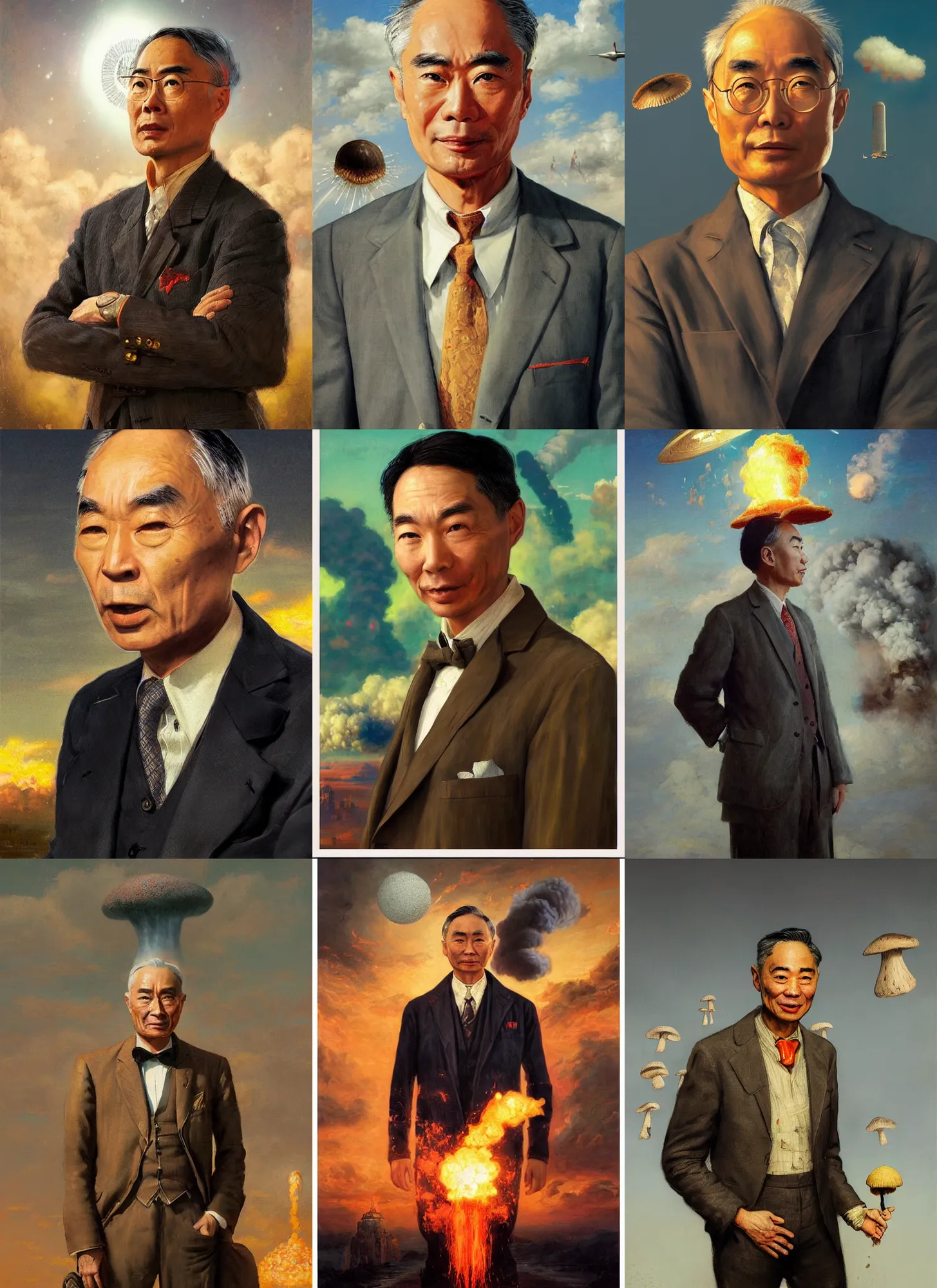 Prompt: formal portrait of francois chau as robert oppenheimer with mushroom cloud in background. digital art by eugene de blaas, ross tran, and nasreddine dinet, vibrant color scheme, intricately detailed, in the style of romanticism, cinematic, artstation, greg rutkowski