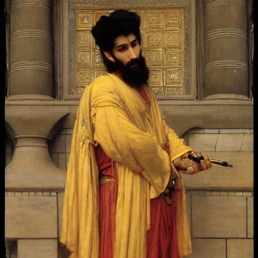 Prompt: orientalist portrait of a sage wearing golden robes smoking a pipe in a sandstone temple intricate portrait by john william waterhouse and Edwin Longsden Long and Theodore Ralli and William-Adolphe Bouguereau, very coherent symmetrical artwork. Cinematic, hyper realism, high detail 8k