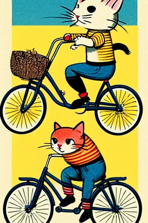 Image similar to by richard scarry!!!!!!!!!!!!!!!!!!!!!!!!!!! a cat riding a bike. a 1 9 5 0 s retro illustration. muted colors, detailed