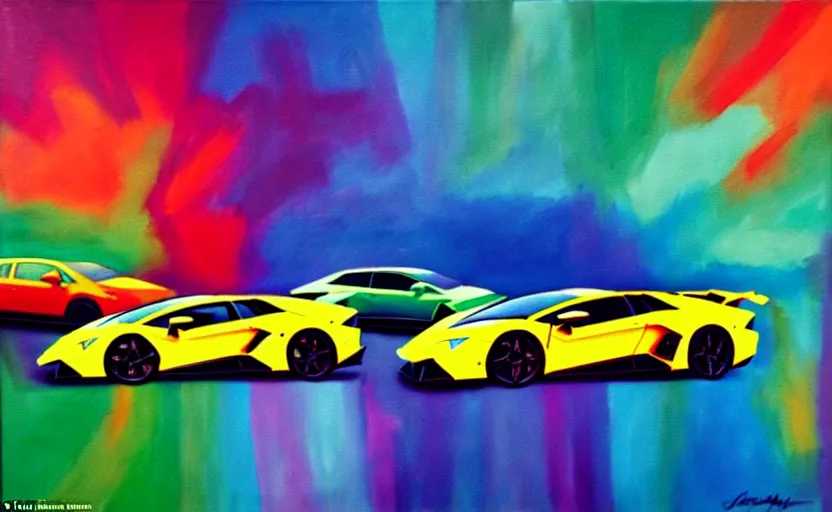 Image similar to a surreal colourful painting of a lamborghini surrounded by very very impressive female models