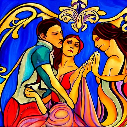 Image similar to latin male and female dance band in the style of art nouveau. lively. colorful. hd.