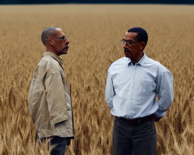 Image similar to extreme long shot of walter white and gustavo fring standing facing each other from a distance in a wheat field, low angle, side view, 8 5 mm photograph, 8 k resolution, wide shot, sharp lens, high detail, cinematic