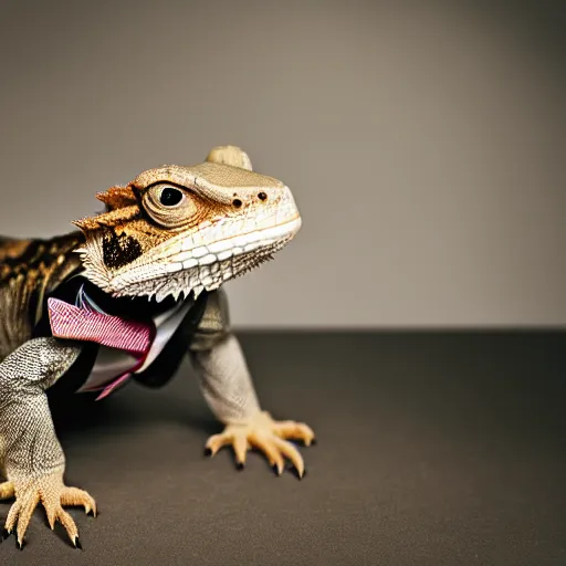 Image similar to dslr portrait still of a bearded dragon wearing a top hat and bow tie, 8 k 8 5 mm f 1. 4