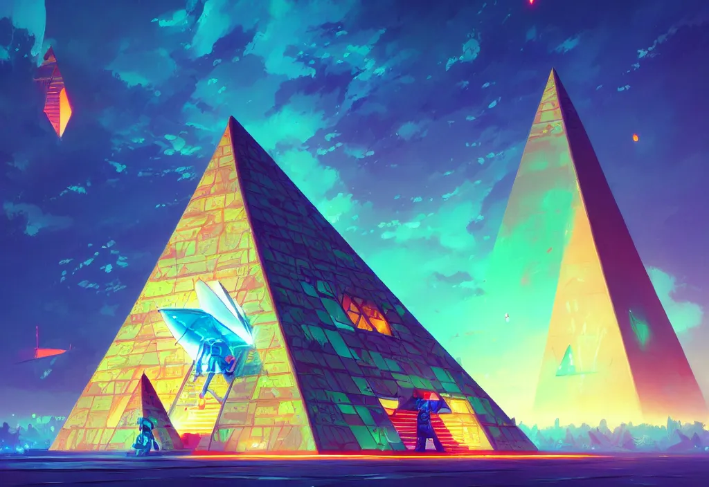 Prompt: a small chubby futuristic pyramid with neons at dawn, intricate oil painting, high detail illustration, sharp high detail, manga and anime 1 9 9 9, official fanart behance hd artstation by jesper ejsing and makoto shinkai, 4 k,