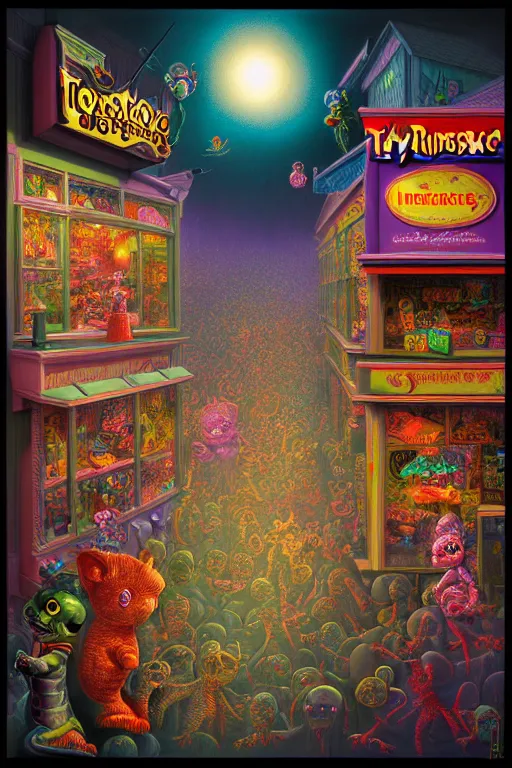 Prompt: a photorealistic painting of an isometric nightmare at the toy store horror by johfra bosschart, lisa frank, dark fantasy art, high detail, trending on artstation