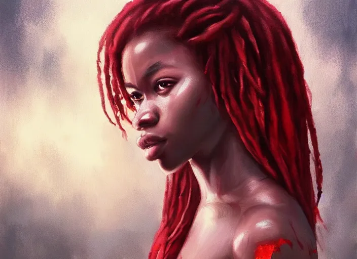 Image similar to landscape, portrait painting beautiful realism, an african girl red hair in wood armor who was sprawled out was about to rise, his face covered in blood. cinematic scene, good lighting, fine art, trending on artstation, smooth draw, sharp focus.