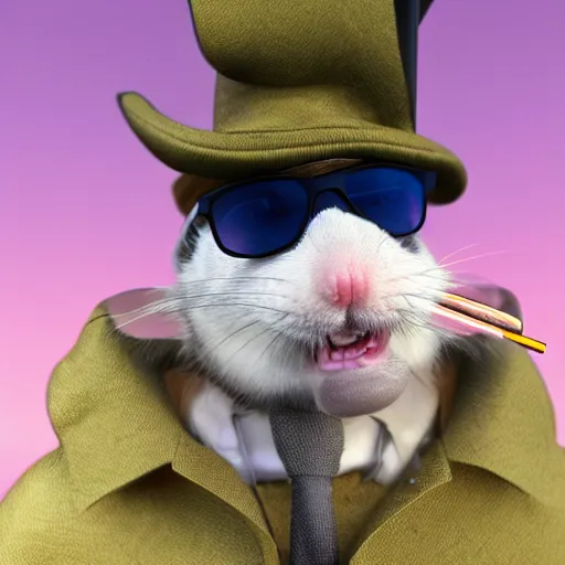 Prompt: a rat in a hat and sunglasses smoking a cigarette, a 3 d render by keos masons, cgsociety, verdadism, daz 3 d, rendered in maya, vray