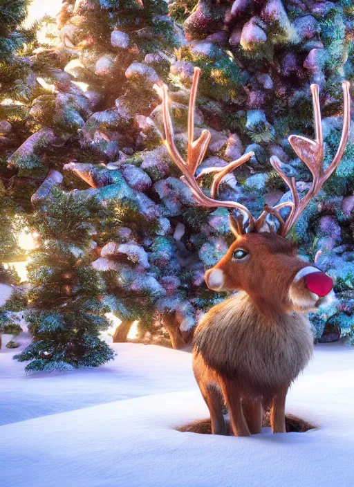 Image similar to A small reindeer sitting on a green throne in the middle of Egypt in the snow, unreal 5, hyperrealistic, octane render, dynamic lighting