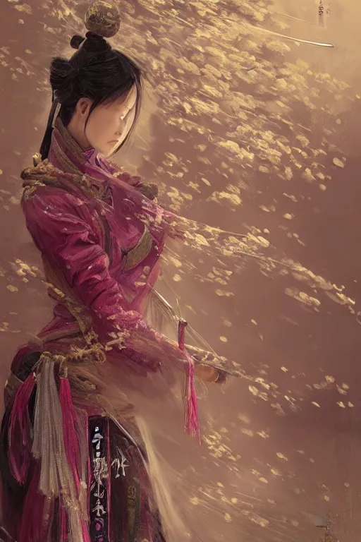 Image similar to portrait wuxia sword dance Girl, ancient chinease costume, in forbidden City Rainning, flowers sea everywhere, ssci-fi, fantasy, intricate, very very beautiful, elegant, highly detailed, digital painting, artstation, concept art, smooth, sharp focus, illustration, art by tian zi and WLOP and alphonse mucha