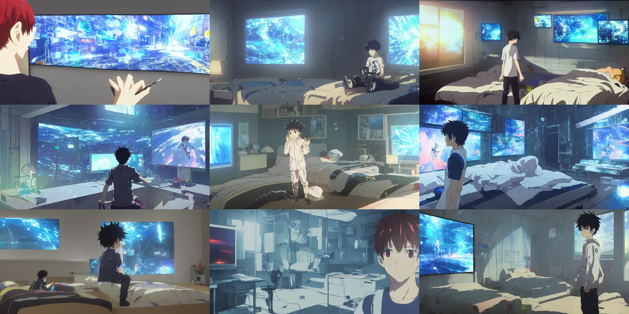 Prompt: painting of near future technological world, screenshot in the anime film of a boy who wears nervegear and is alone in his bedroom but also in the digital world augmented reality, screenshot from the Kyoto Animation and makoto shinkai anime, real life blended with digital world