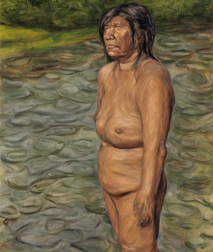 Image similar to indigenous woman standing in a pond, painted by lucian freud, hd, super detailed, realistic, muted colors