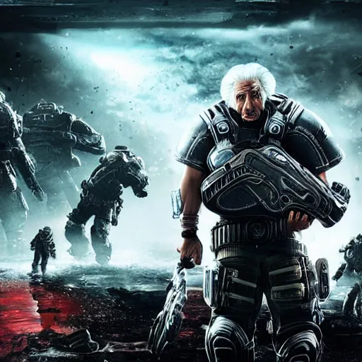 Image similar to Albert Einstein in Gears of War, splash art, movie still, detailed face, cinematic lighting, dramatic, octane render, long lens, shallow depth of field, bokeh, anamorphic lens flare, 8k, hyper detailed, 35mm film grain