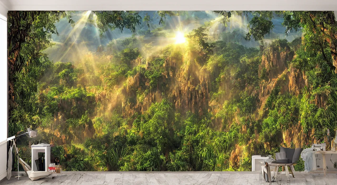 Prompt: zouk fabric wall fortress countryside jungle dirt a spectacular view cinematic rays of sunlight comic book illustration, by john kirby