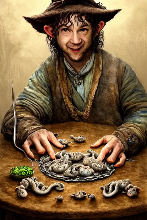 Prompt: dirty faced and very happy hobbit looking the table full of fook, hobbit is wearing a hat made of octopuss, fantasy, intricate, elegant, highly detailed, digital painting, artstation, concept art, addiction, chains, smooth, sharp focus, illustration, art by Ilja Repin