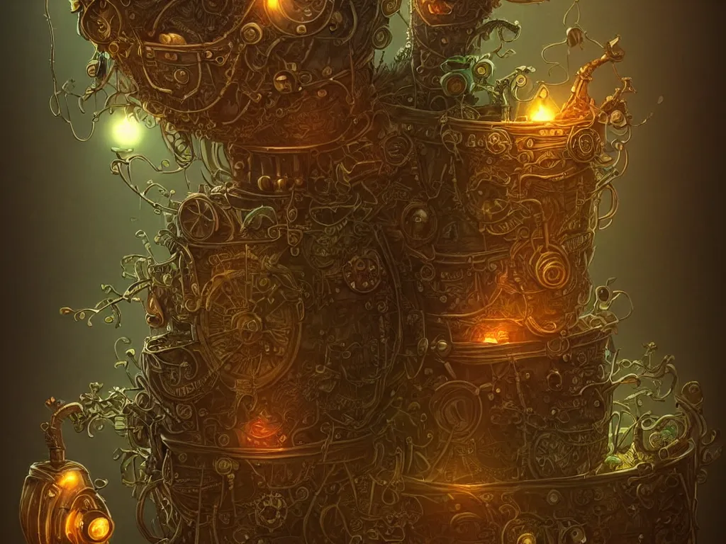 Prompt: an angry plant pot cushion. steampunk, intricate, elegant, fantasy, highly detailed, digital painting, concept art, sharp focus, illustration, beautiful lighting, epic light, artstation, colorful, dramatic