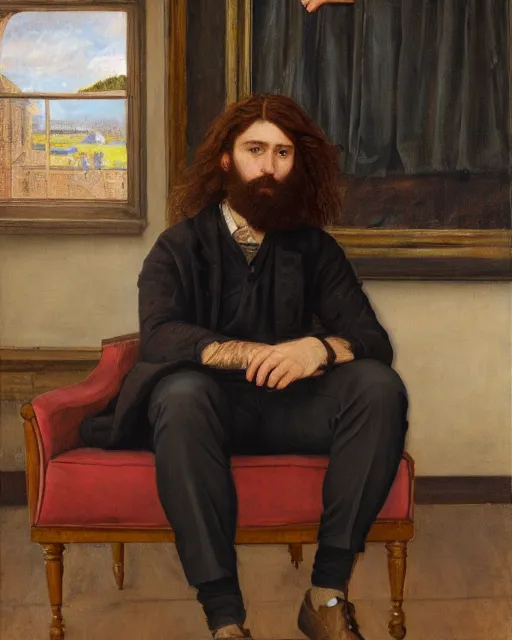 Prompt: Pre-Raphaelite portrait of a young beautiful brown-haired bearded male sitting in office wearing oculus quest