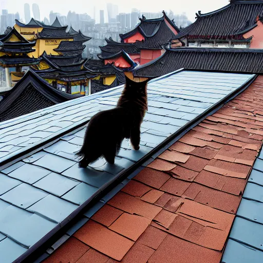 Image similar to a cute maine coon cat walking on the roof of acient chinese in the morning, arcane style