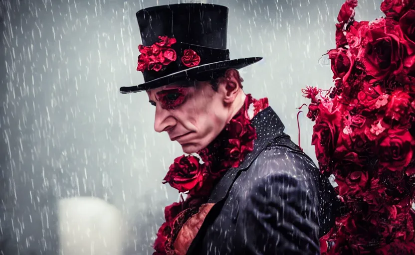 Image similar to cinestill 5 0 d candid photographic portrait by david cronenberg of baroque steampunk cyborg gentleman wearing a red edwardian suit and top hat, floral growths, modern cyberpunk moody emotional cinematic, closeup, pouring rain menacing lights shadows, 8 k, hd, high resolution, 3 5 mm, f / 3 2, ultra realistic faces, ex machina