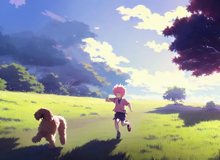 Prompt: young adult running with his goldendoodle over a green maedow, sunny sky background illustration concept art anime key visual trending pixiv fanbox by wlop and greg rutkowski and makoto shinkai and studio ghibli and kyoto animation symmetrical facial features