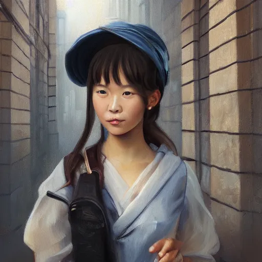 Prompt: a perfect, realistic professional oil painting in rococo style, of a Japanese schoolgirl posing in a dystopian alleyway, close-up, by a professional American senior artist on ArtStation, a high-quality hollywood-style concept