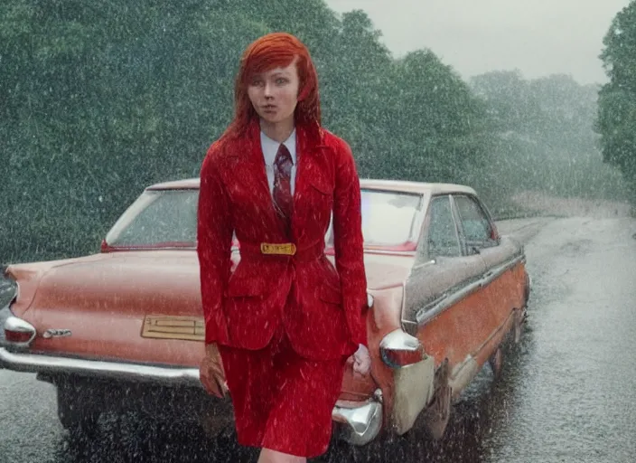 Image similar to A very high resolution image from a new movie, landscape from a car window , teen red hair woman, raining, hot, directed by wes anderson