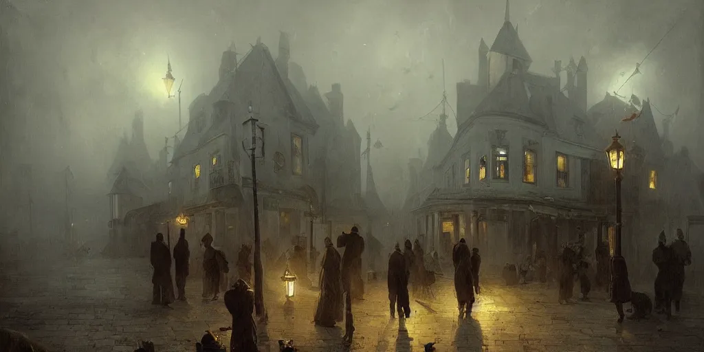 Prompt: streets of innsmouth during the night by the ocean, lovecraftian atmosphere, people standing up in front of the house, mystical fog, oil on canvas, art by andreas achenbach, clemens ascher, tom bagshaw and sabbas apterus,