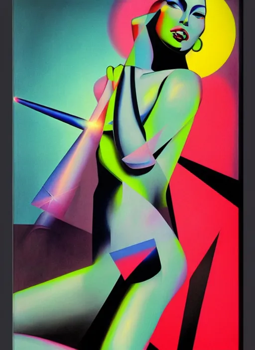 Image similar to futuristic laser girl pinup, by steven meisel, james jean and rolf armstrong, geometric cubist acrylic and airbrush painting with retro and neon colors