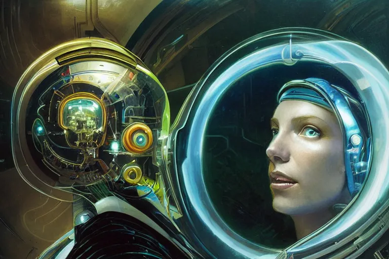 Image similar to portrait of a biomechanical head inside a futuristic space helmet, organic transistors, neon, tron, white metal, iridescent visor, smooth, sharp focus, high detail, art by Greg Rutkowski and Alphonse Mucha and Guy Denning,