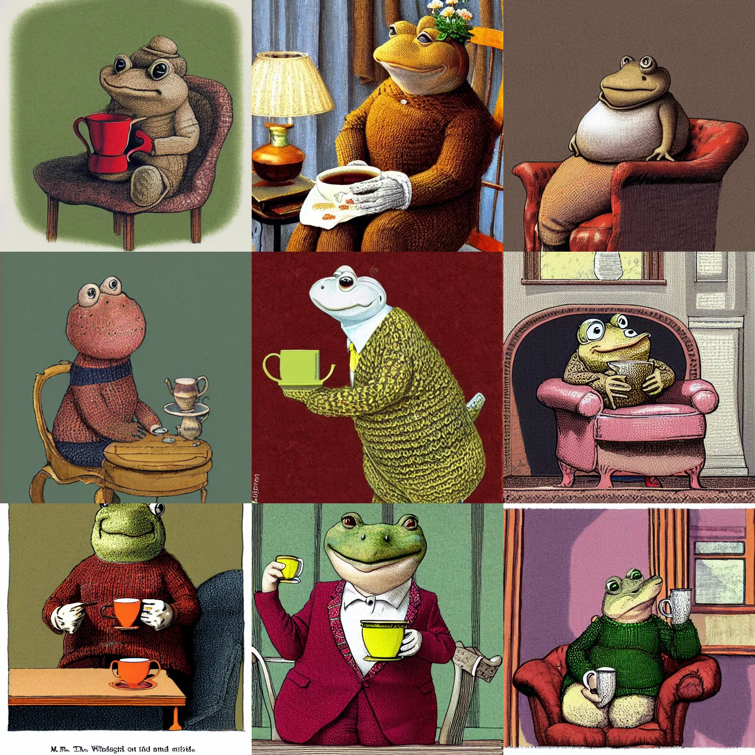 Prompt: Mr toad sipping a cup of tea while wearing a knit sweater and sitting in an armchair. Illustration by James Gurney