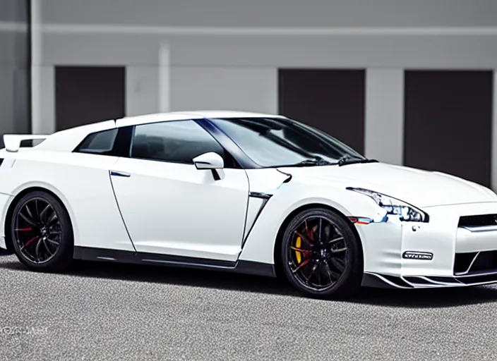 Image similar to 105mm photograph f1.8 full view mid distance front side view white Nissan GT-R showroom beautiful lighting from 2015