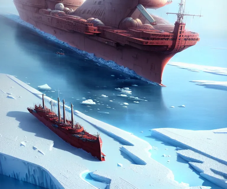 Image similar to one singular solo enormous gigantic steel ship - shaped fortress sailing across an icy frozen ocean. masterpiece, cinematic, octane render, depth of field, bokeh, architecture, aerial view, art by tom bagshaw, geof darrow, james gurney, filip hodas
