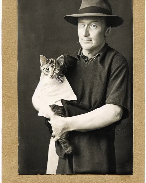 Prompt: gentlemen wearing a hat and wearing a baby sling on the back with a kitten in the sling, studio portrait, golden ratio, backlit