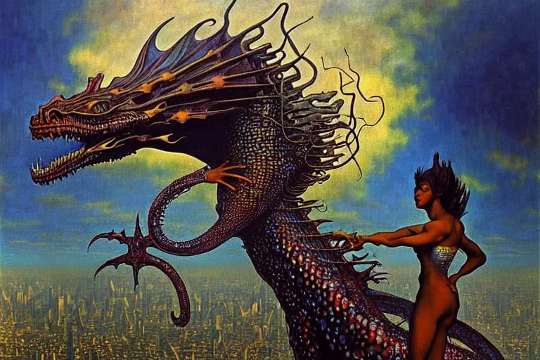 Prompt: realistic extremely detailed closeup portrait painting of a beautiful black woman riding mutant dragon, dystopian city on background by Jean Delville, Amano, Yves Tanguy, Ilya Repin, Alphonse Mucha, Ernst Haeckel, Edward Hopper, Edward Robert Hughes, Roger Dean, heavy metal 1981, rich moody colours