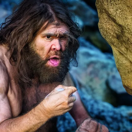 Image similar to photo of a caveman discovering blue fire for the first time, surprised reaction, award-winning photograph, soft lights, 8k