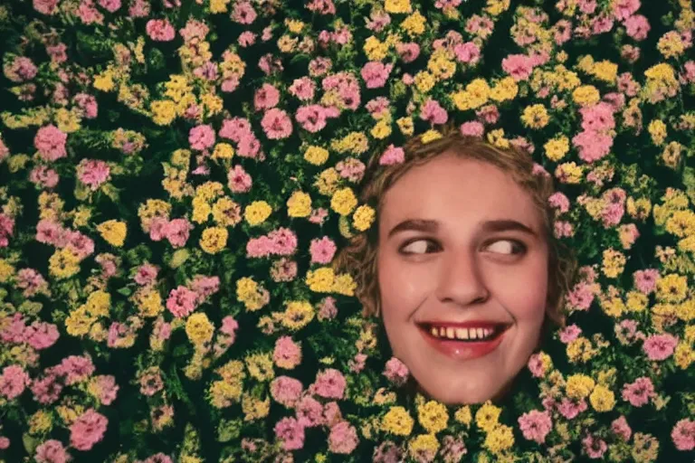 Prompt: vhs 1 9 8 0 s cinema footage of a womans head surrounded by giant beautiful flowers eerie smiling, scene from the movie midsommar, directed by ari aster, vintage film grain