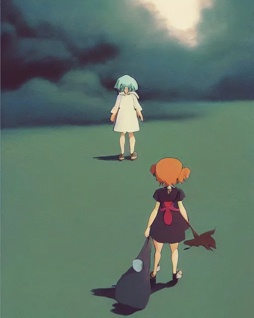 Prompt: witch little girl, minimalist oil painting by studios ghibli and makoto shinkai