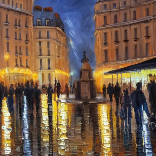 Prompt: Public square in Paris, it is night and raining, oil painting , highly detailed , high contrast, beautiful lighting, award winning , trending on art station, photorealistic, 8k